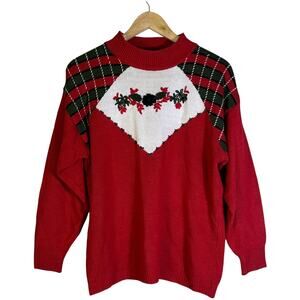 Vintage Koret Petites Sweater Womens L Red Plaid Floral Embroidered Holiday Knit